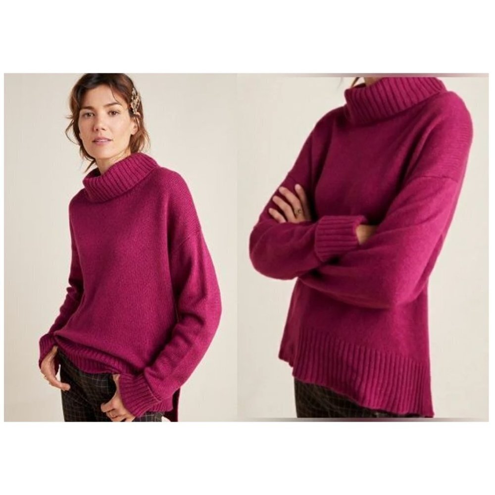 Anthropologie Blair Magenta Cowl Neck Slit Hem Sweater - Picture 2 of 9